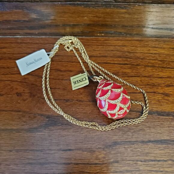 Neiman Marcus CINER Red Rhinestone Egg Pendant Necklace 38" - Picture 4 of 12